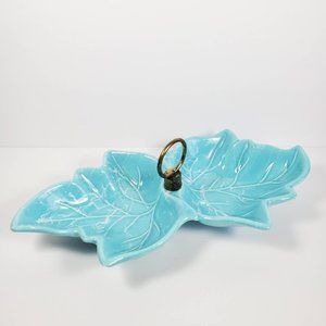 Vintage Leaf Tidbit Tray Teal Turquoise Leaves Double Sided Snack Tray Nut Candy